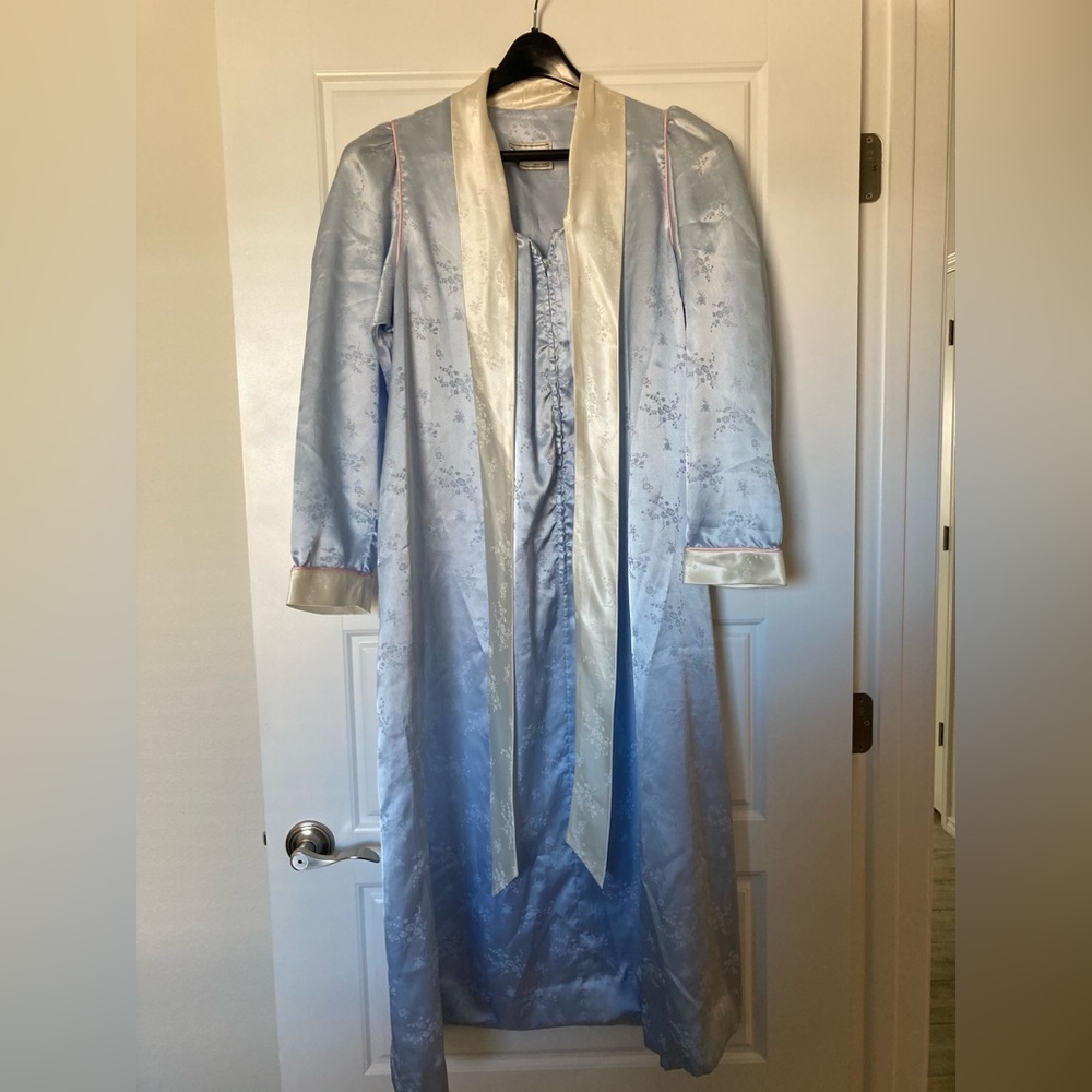 Vintage Christian Dior long women silk night gown light blue long sleeve
